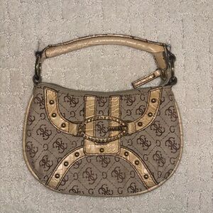 Guess Brown and Tan Shoulder Bag with Gold Accents